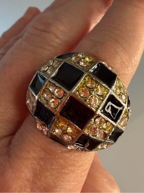 Fashion Jewelry Statement Black and Silver Crystal Checkerboard Ring Vintage